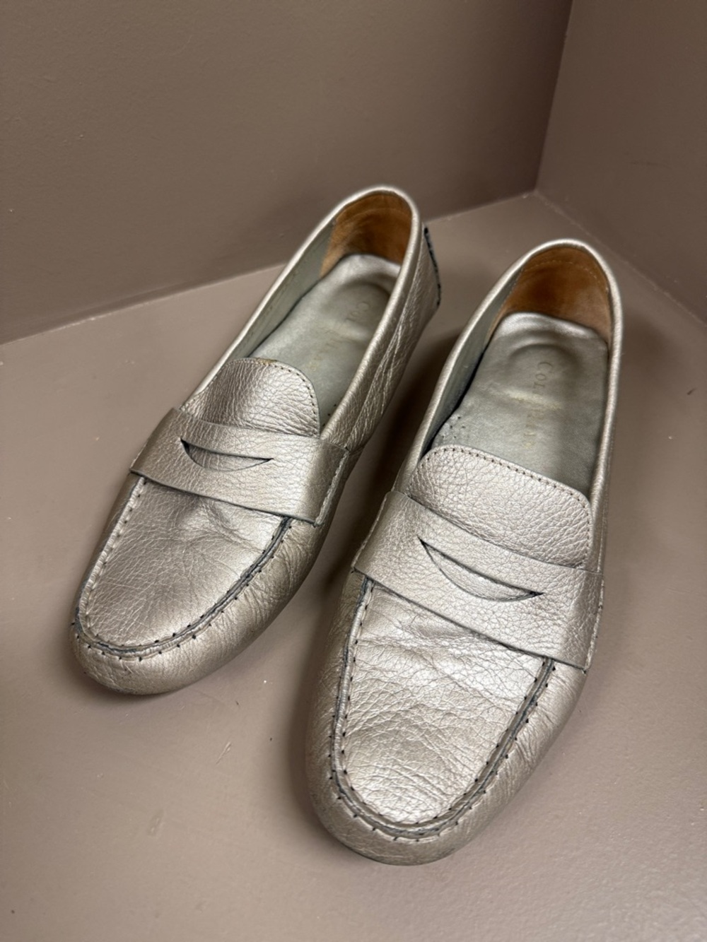 Cole Haan Metallic Silver Leather Penny Loafers